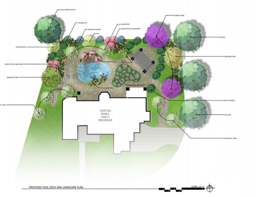 Backyard landscape plan with pool and trees