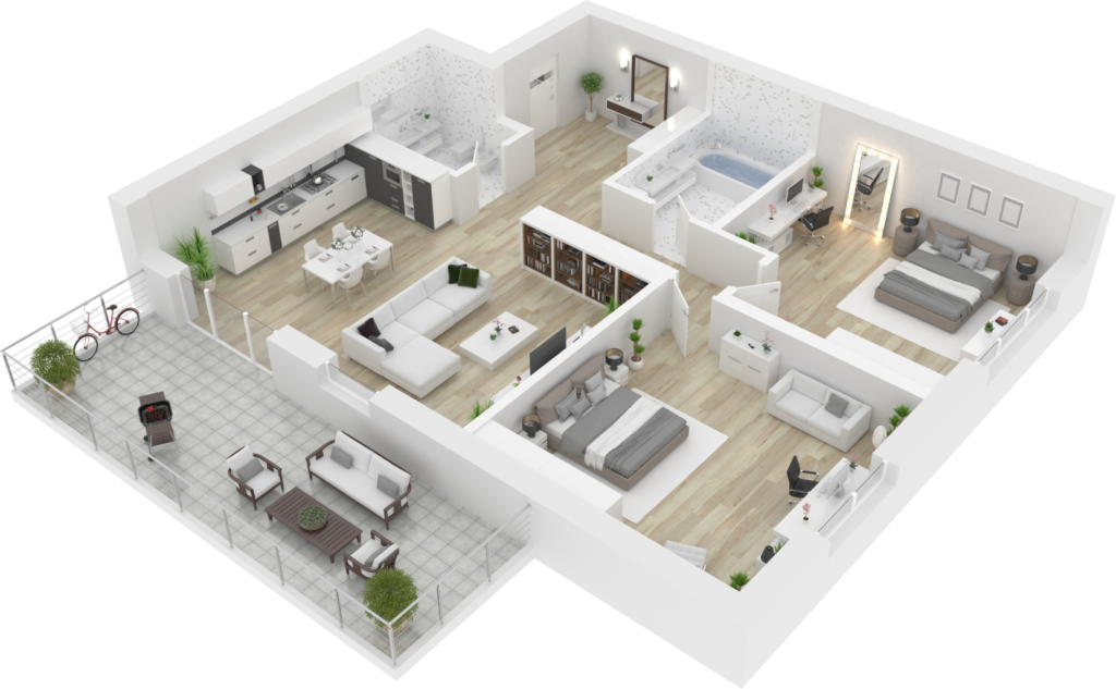 3D rendered modern two-bedroom apartment floorplan with terrace