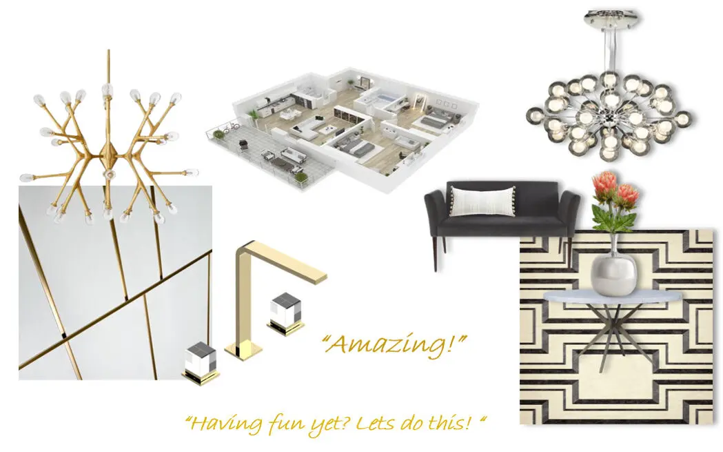 Interior design mood board with furniture and fixtures