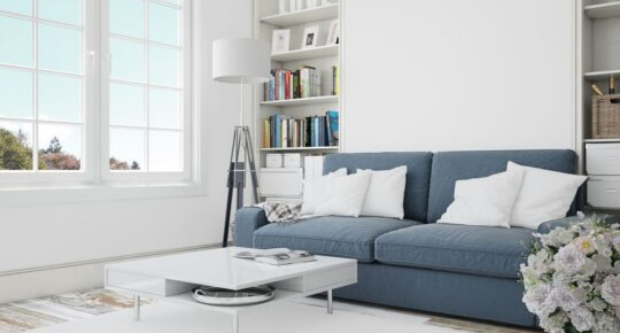 Modern living room with blue sofa