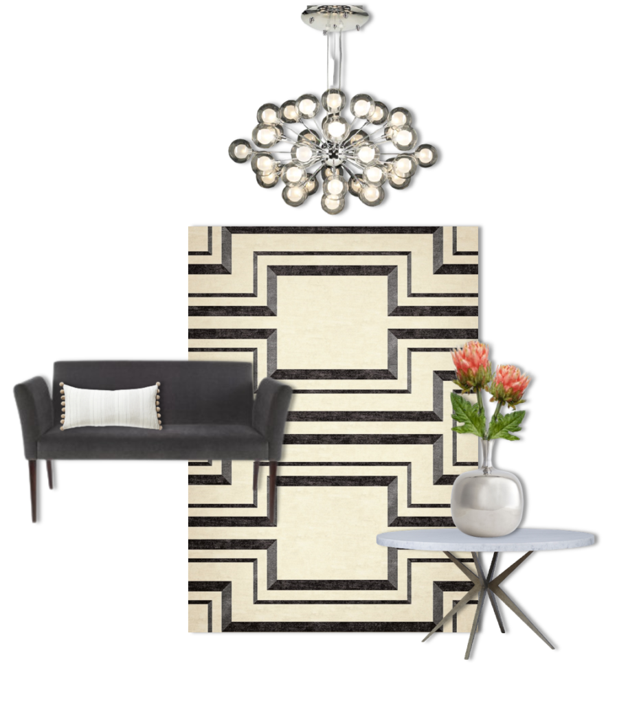 Modern living room with geometric rug, chandelier
