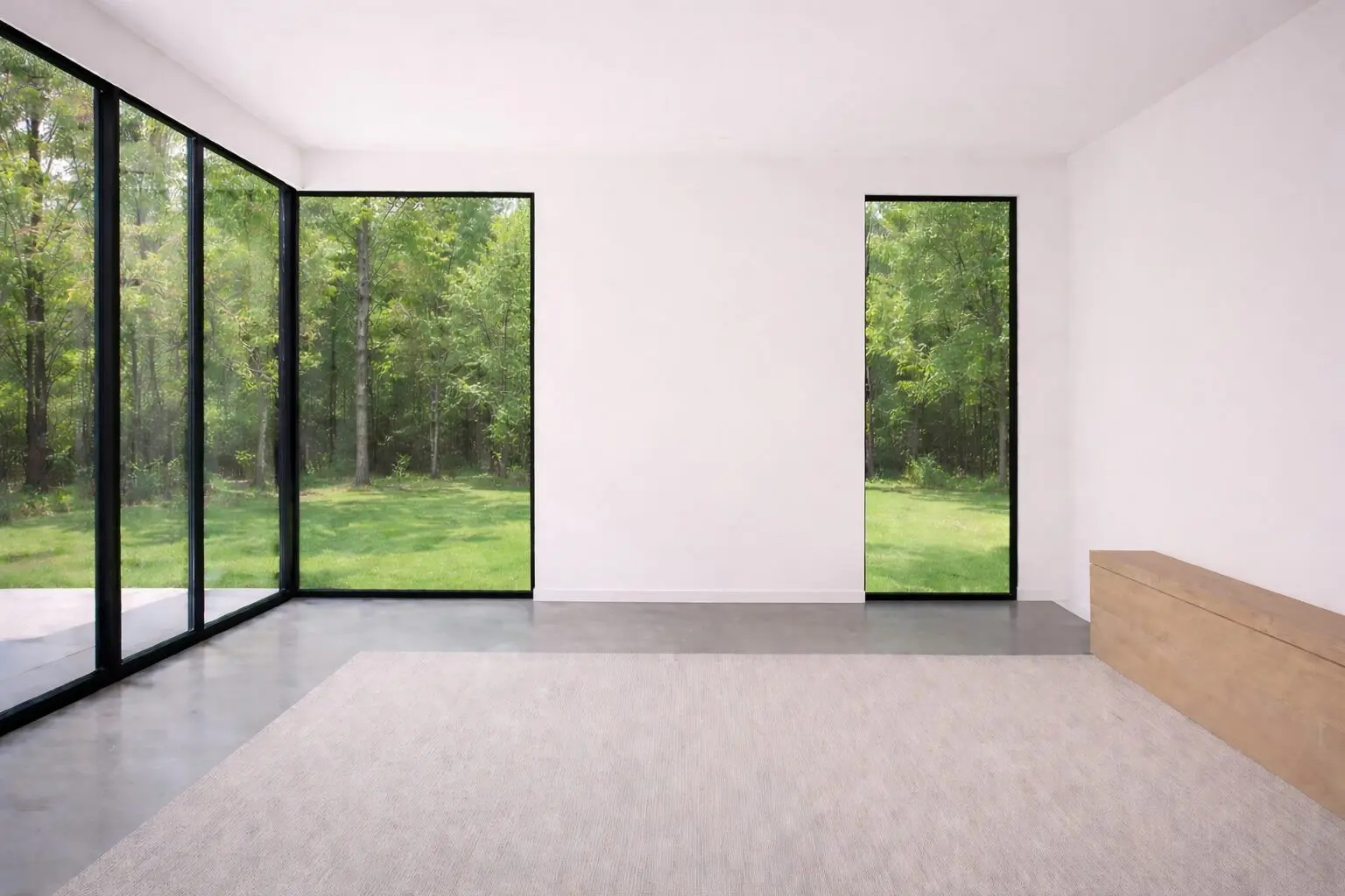Minimal modern room with floor-to-ceiling windows