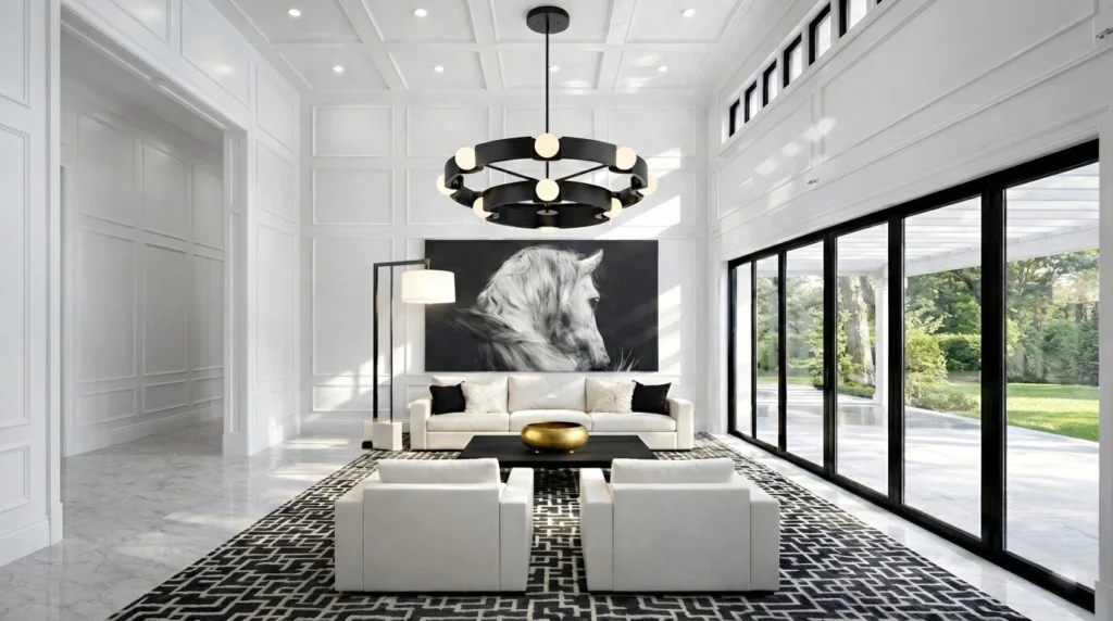 Modern white living room with horse artwork