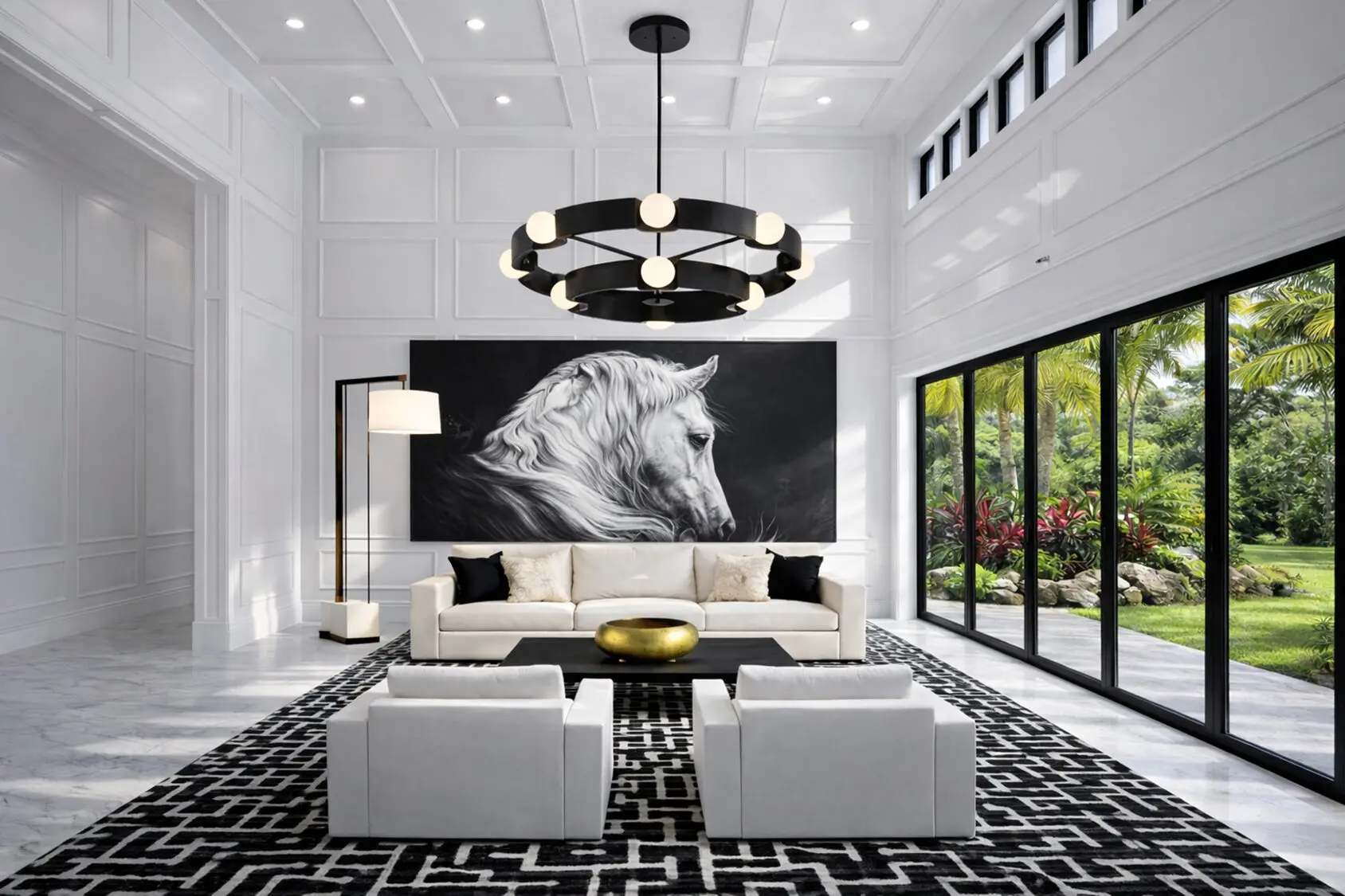 BLack and white luxury living room interior with dramatic modern design and custom architectural details.