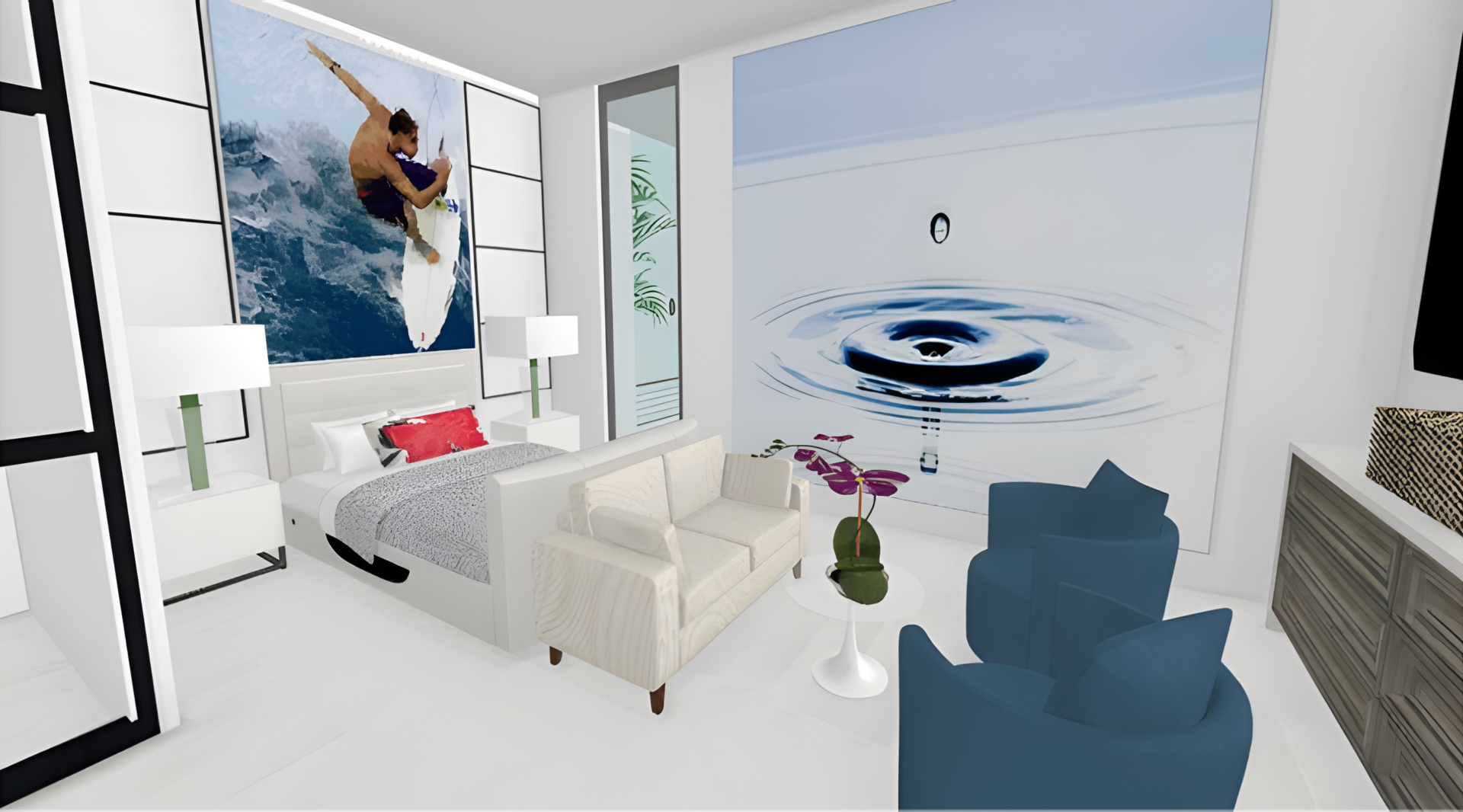 Modern luxury living room concept with contemporary furnishings and artistic wall feature.