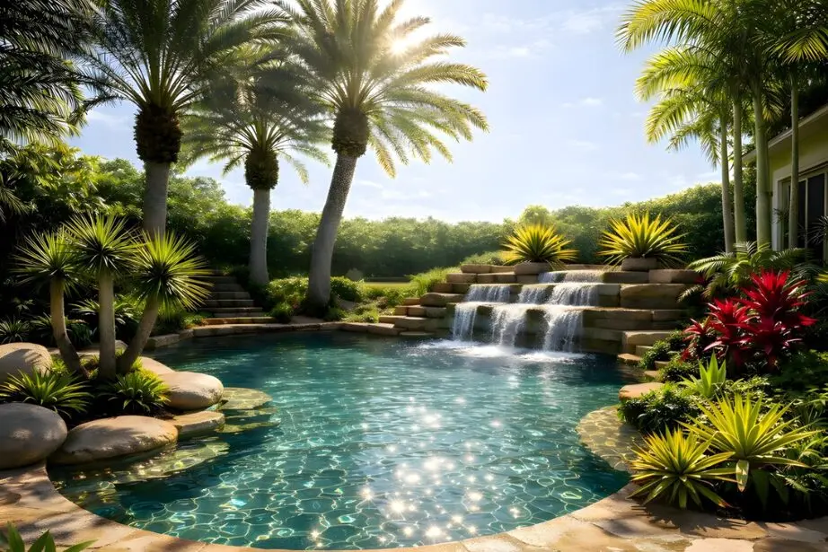 Tropical backyard pool with waterfall and palms