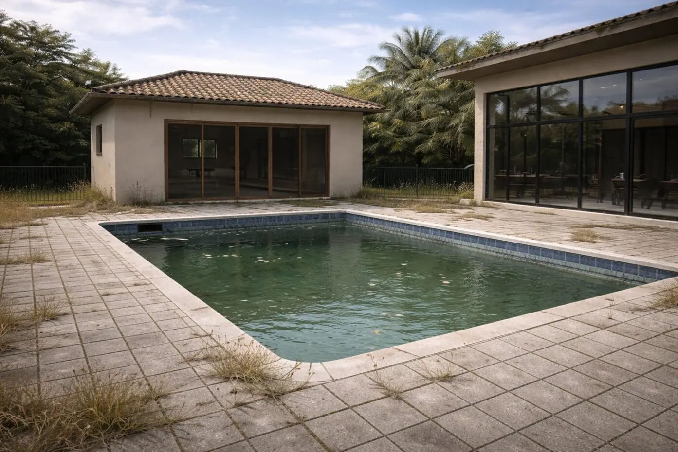 Neglected property with murky backyard swimming pool