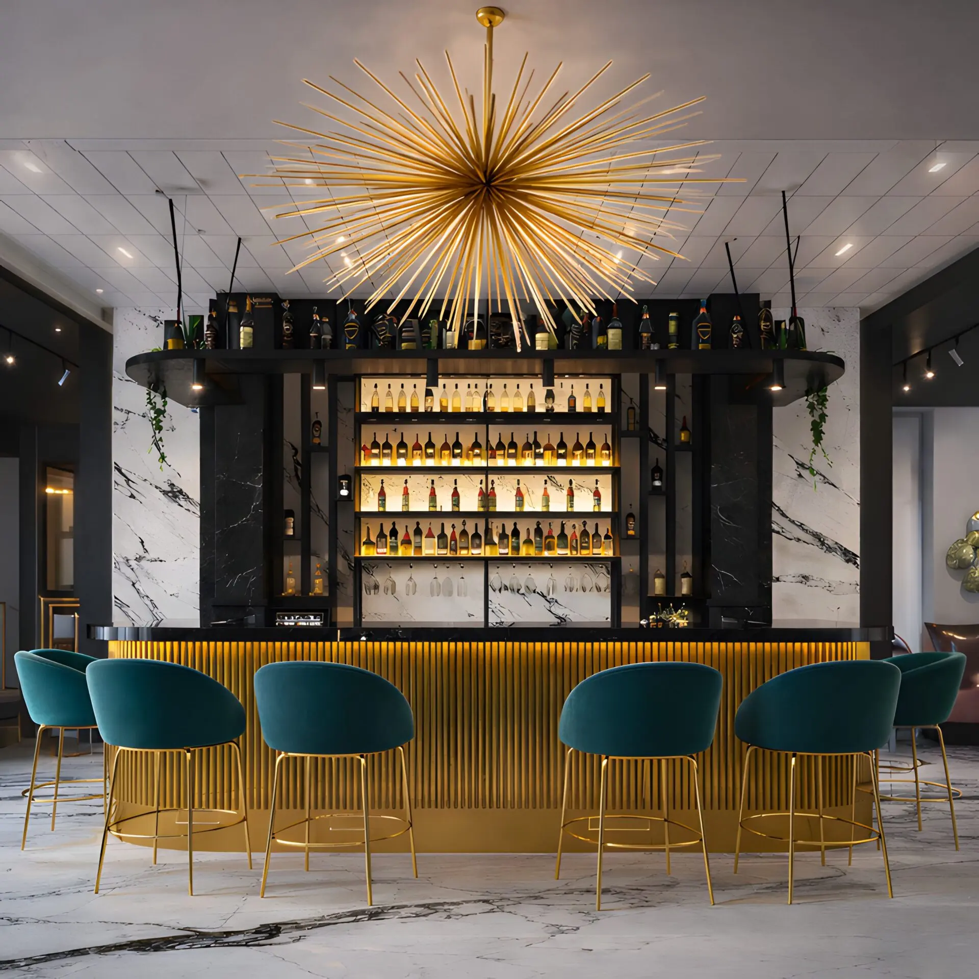 Modern marble bar, teal chairs, gold chandelier