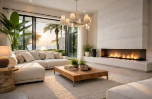 Modern living room with ocean view and fireplace