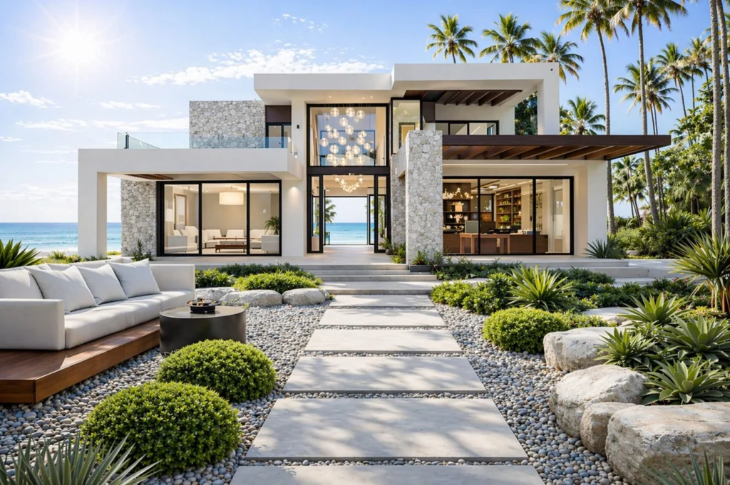 Modern tropical luxury home with custom landscape design and resort-style outdoor living in South Florida.