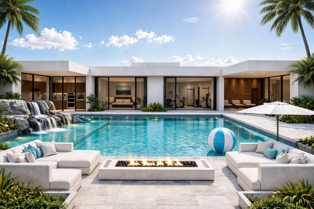 Luxury modern villa with pool and firepit