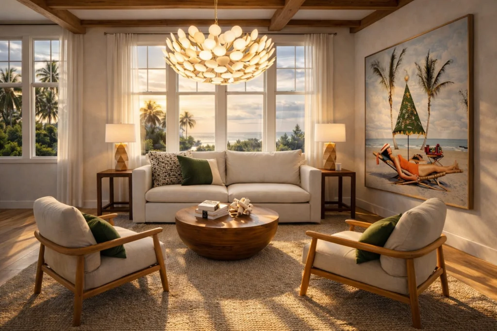 Warm organic modern living room with layered textures, natural tones and luxury bohemian interior styling.