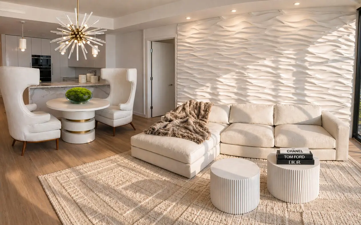 Modern beige living room with textured wall