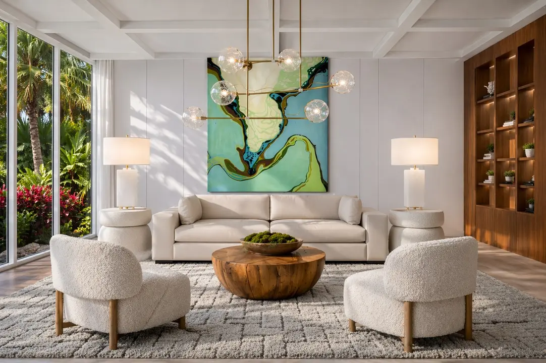 Modern living room with green abstract painting
