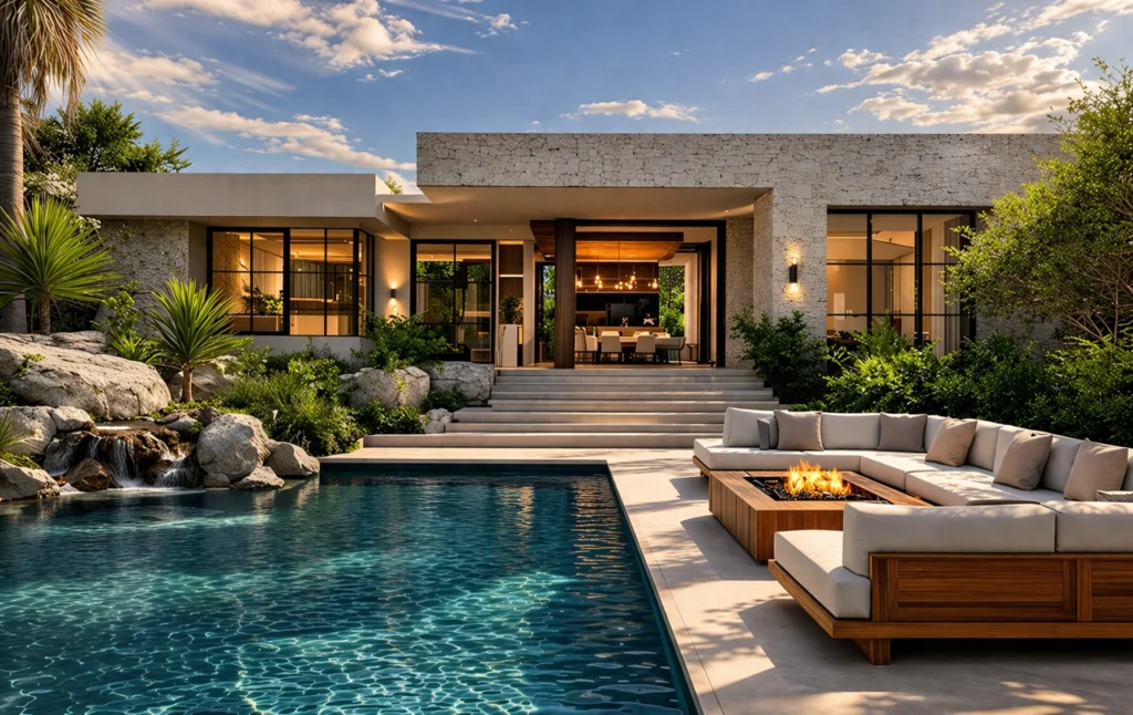Modern luxury waterfront home with custom pool and landscape design South Florida.
