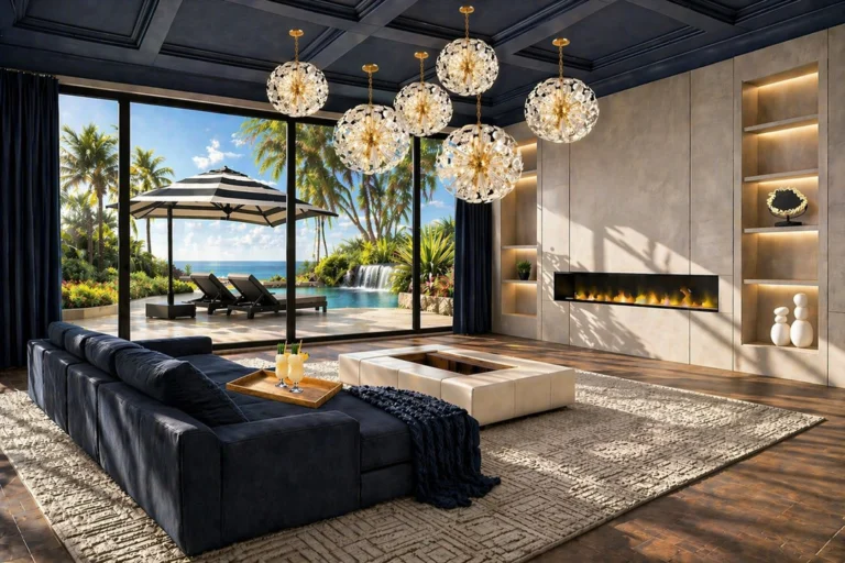 Modern luxury living room with pool view