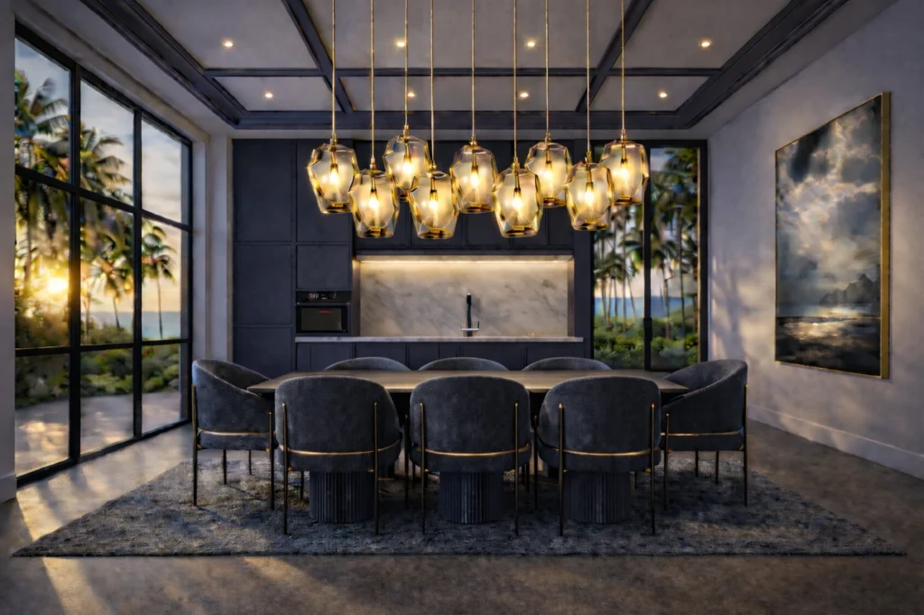 Modern coastal dining room with pendant lights