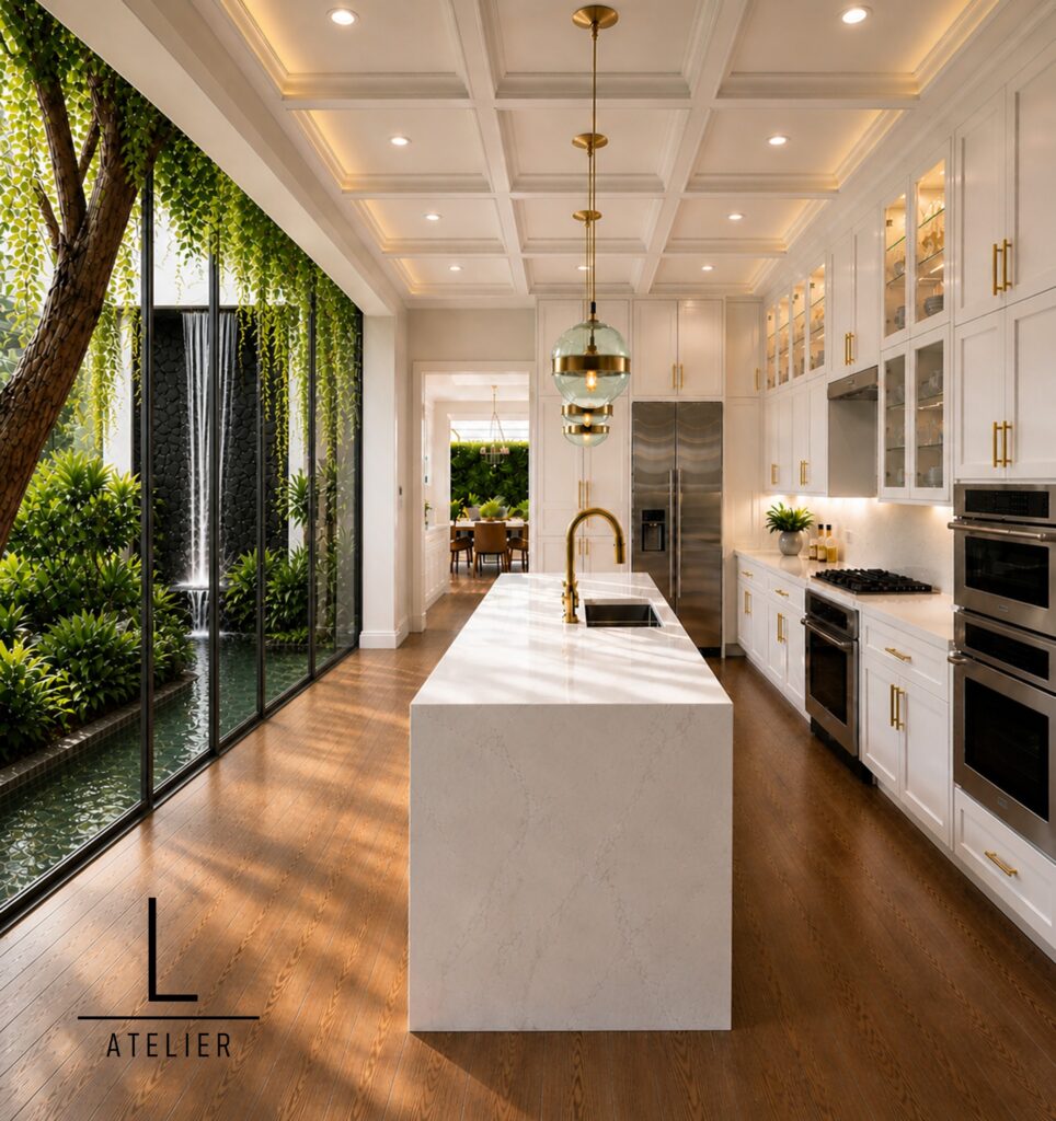 Luxury modern kitchen with indoor atrium water feature and custom contemporary design.