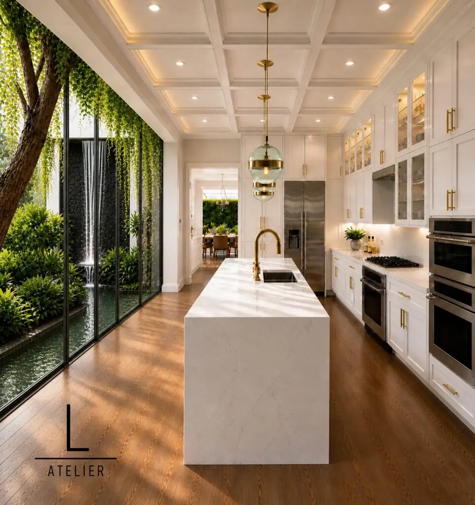 Luxury modern kitchen with indoor atrium water feature and custom contemporary design.