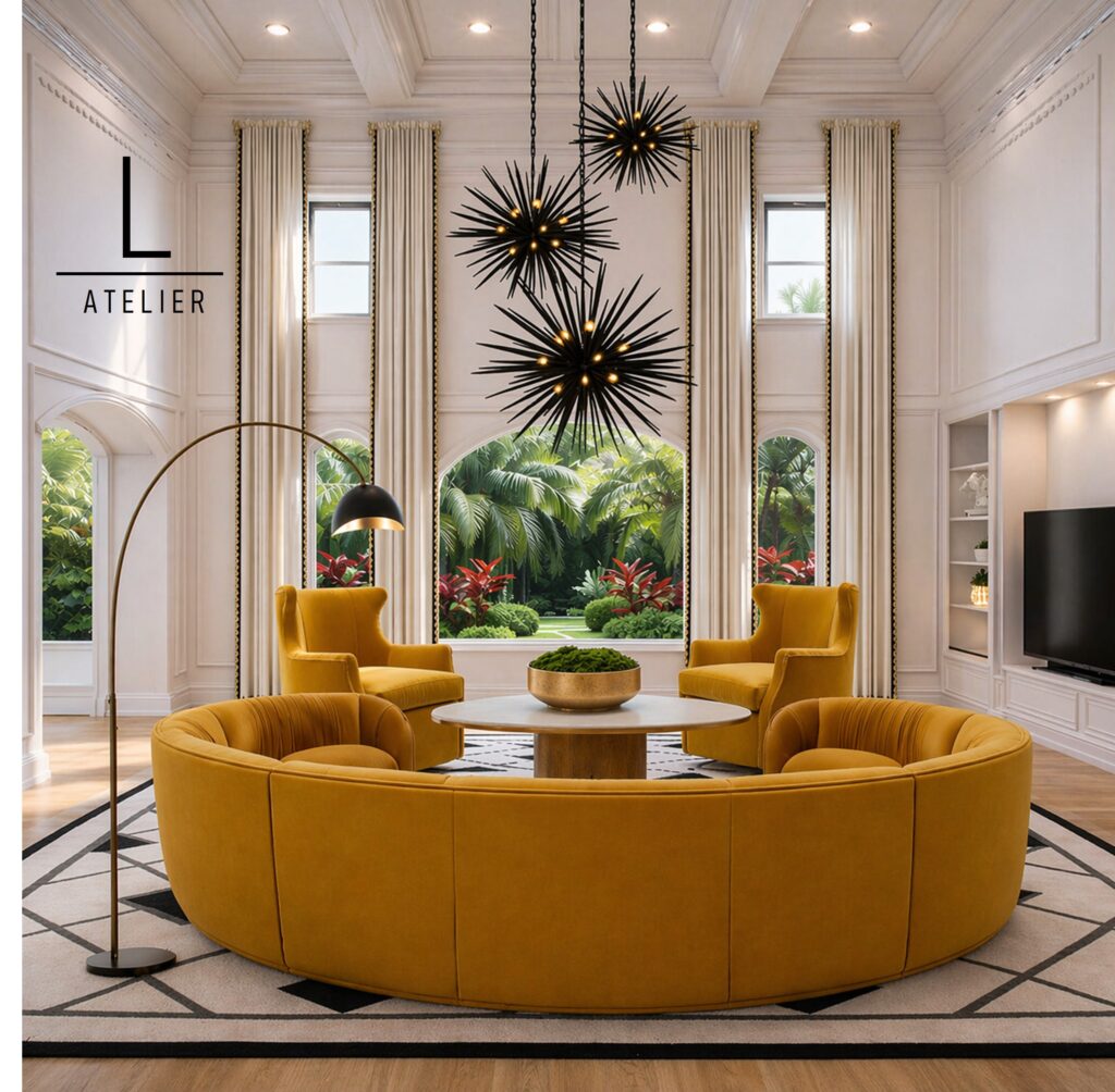 Luxury modern living room interior with dramatic double-height ceilings and custom designer furnishings.