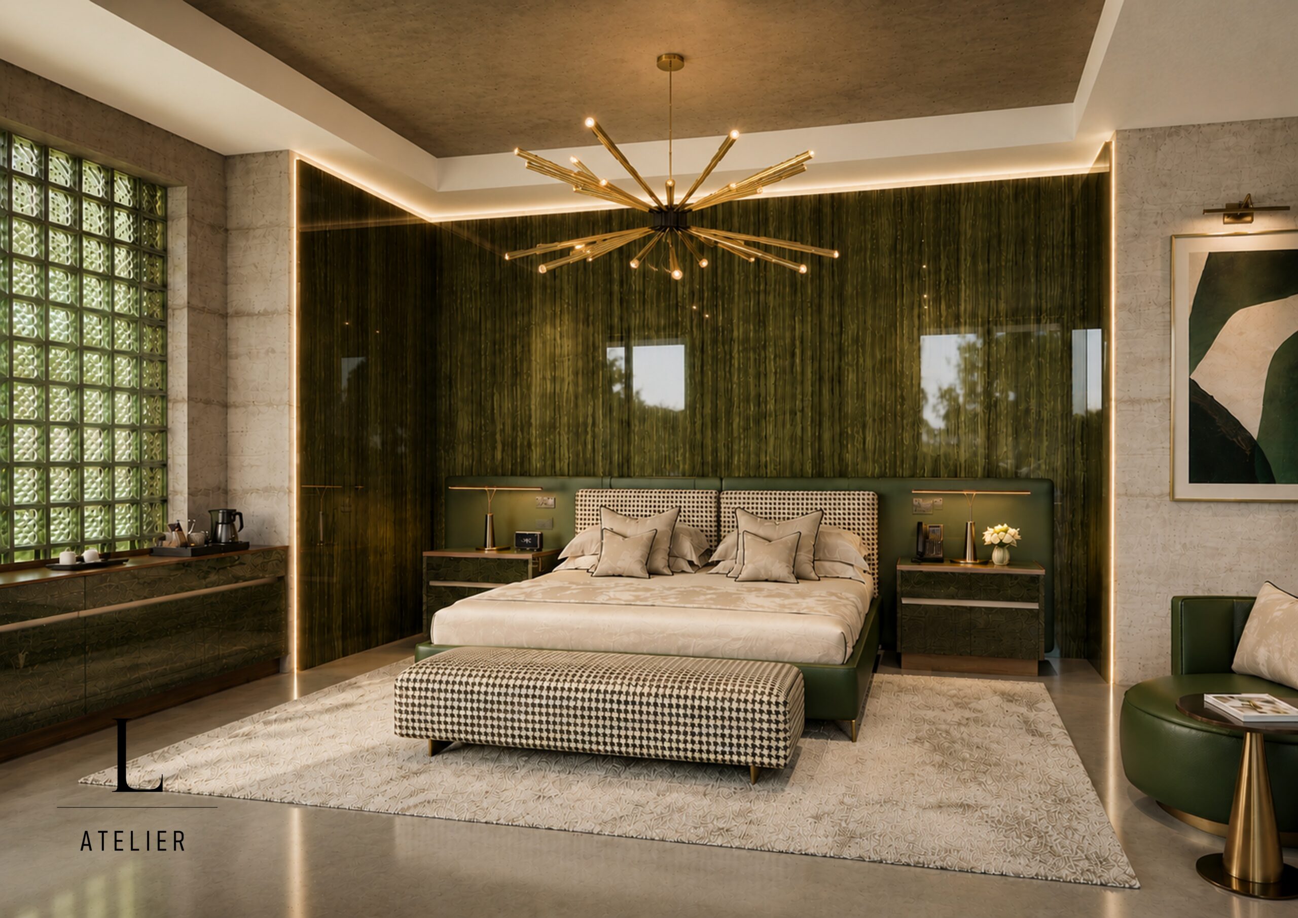 LUXURY MODERN HOTEL GUEST ROOM INTERIOR BY LUX INTERIORS & LANDSCAPE DESIGN CO FEATURING CUSTOM LIGHTING, DESIGNER FURNISHINGS & BOUTIQUE HOSPITALITY STYLING