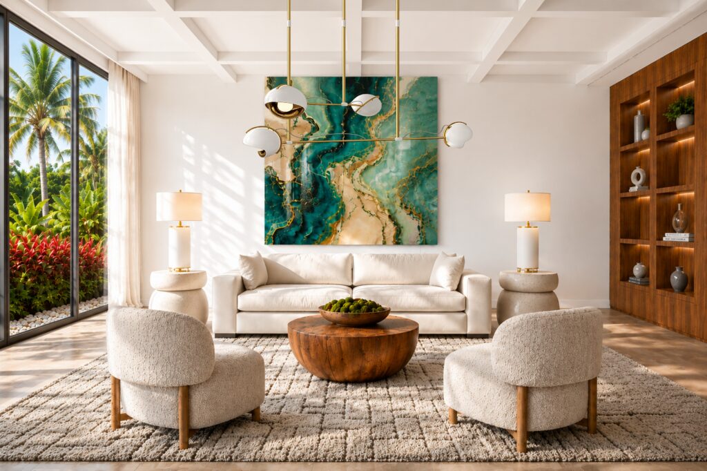 Bright living room with teal abstract painting