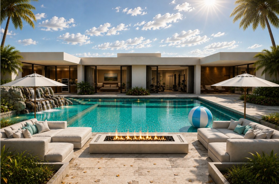 Luxury Modern backyr=ard with resort-style pool in Palm Beach County