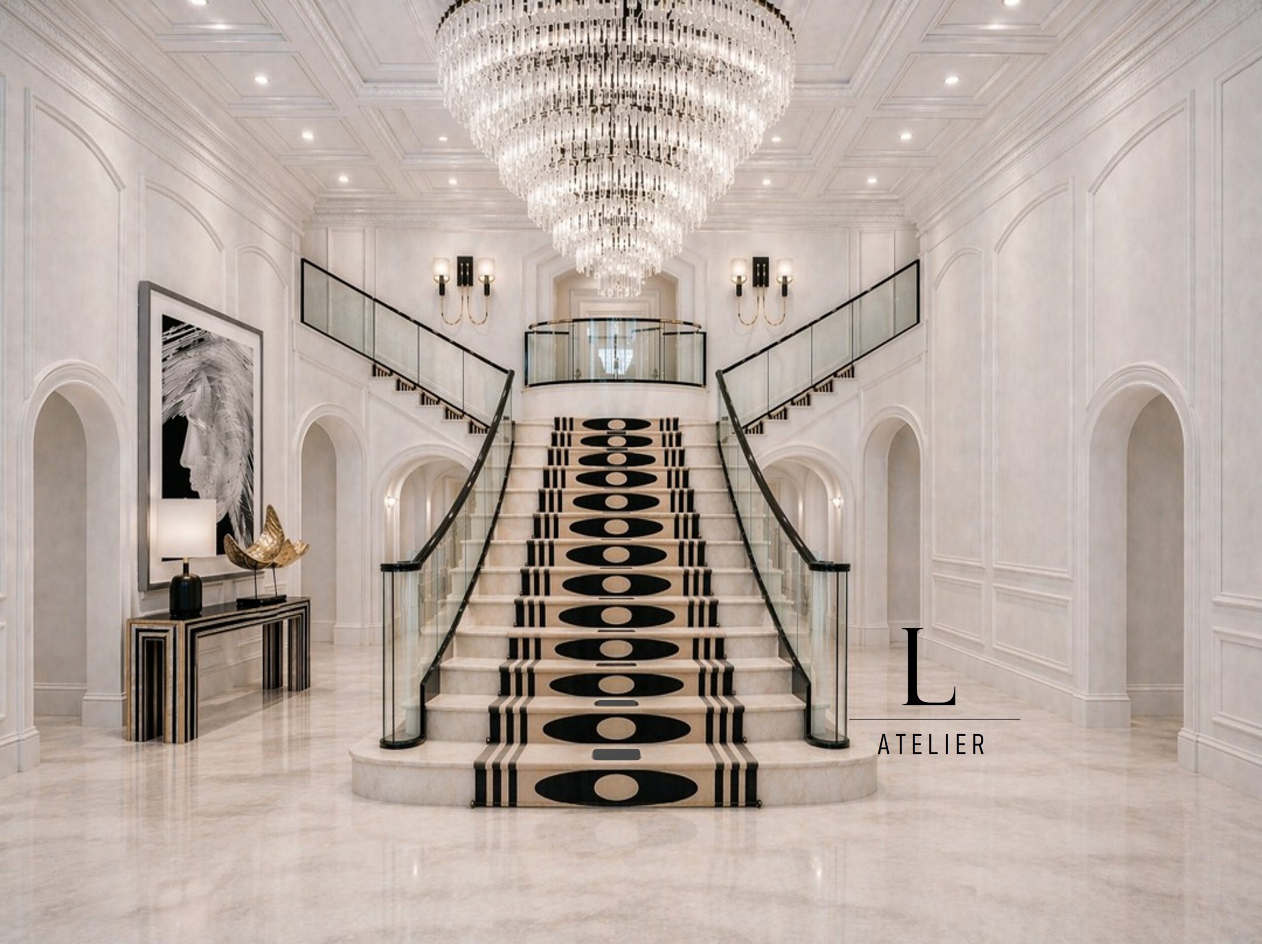 Luxury Modern Stairway with custom black runner and contemporary interior design